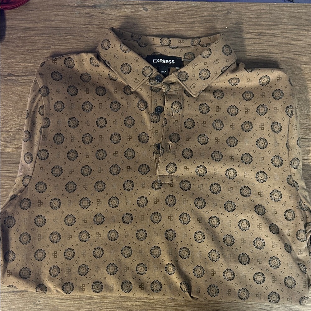 Express Men's Tan Patterned Polo Shirt